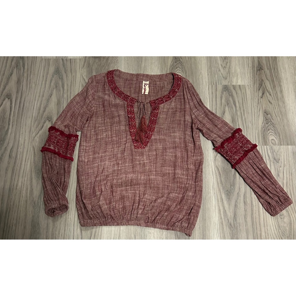 Keer qiaowa Womens Burgundy Embroidered‎ Tassel Tie Neck Blouse Size M